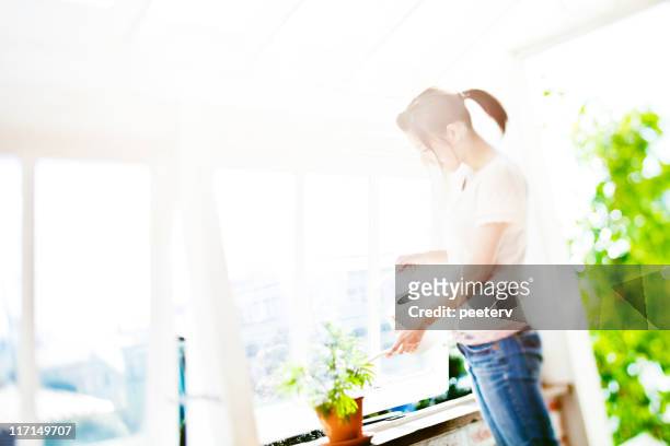 注意の植物 - 女性　部屋 ストックフォトと画像