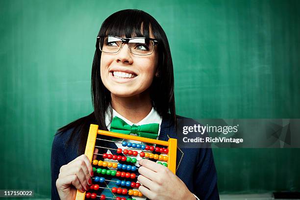 happy female nerd - abacus old stock pictures, royalty-free photos & images