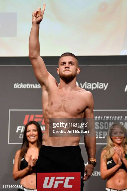 Ismail Naurdiev of Austria poses on the scale during the UFC Fight Night weigh-in at Royal Arena on September 27, 2019 in Copenhagen, Denmark.