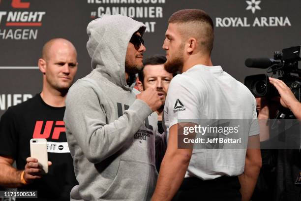 Siyar Bahadurzada of Afghanistan and Ismail Naurdiev of Austria face off during the UFC Fight Night weigh-in at Royal Arena on September 27, 2019 in...