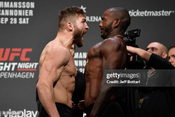 Ion Cutelaba of Moldova and Khalil Rountree face off during the UFC Fight Night weigh-in at Royal Arena on September 27, 2019 in Copenhagen, Denmark.