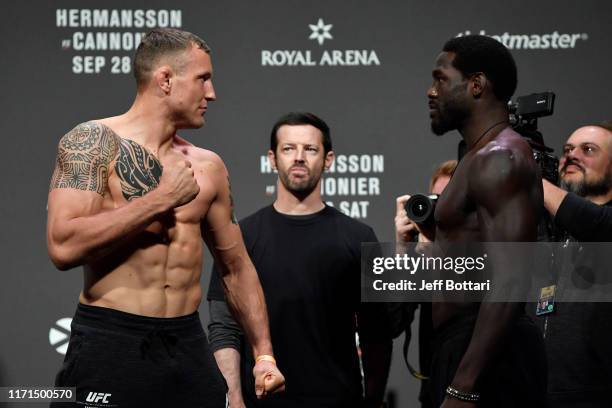 Jack Hermansson of Sweden and Jared Cannonier face off during the UFC Fight Night weigh-in at Royal Arena on September 27, 2019 in Copenhagen,...