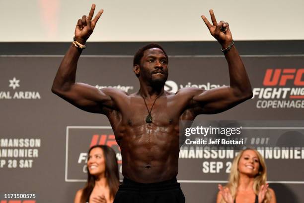 Jared Cannonier poses on the scale during the UFC Fight Night weigh-in at Royal Arena on September 27, 2019 in Copenhagen, Denmark.