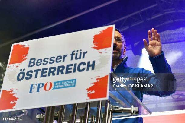 Deputy leader of the FPOe and former Austrian Interior Minister Herbert Kickl addresses supporters at an election rally of the Austrian Freedom Party...
