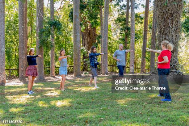 people exercising in a park leading outdoor healthy lifestyle - teenage girl tai chi stock pictures, royalty-free photos & images