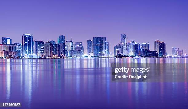 landscape view of a miami skyline at night - miami skyline night stock pictures, royalty-free photos & images