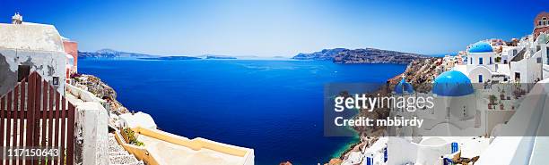 santorini caldera with famous churches (xxxl panorama) - greece stock pictures, royalty-free photos & images