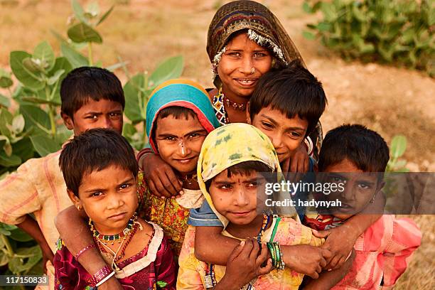 Group Of Indian Children Desert Village India, Stockfoto