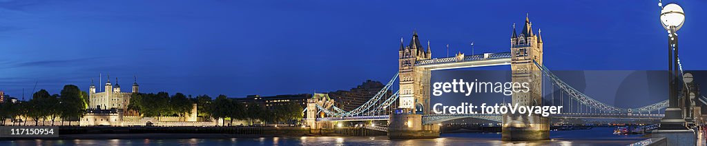 London Tower Bridge illuminated Thames night panorama