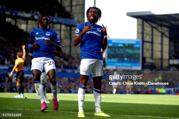 Alex Iwobi of Everton cscores his teams second goal during the Premier League match between Everton FC and Wolverhampton Wanderers at Goodison Park...