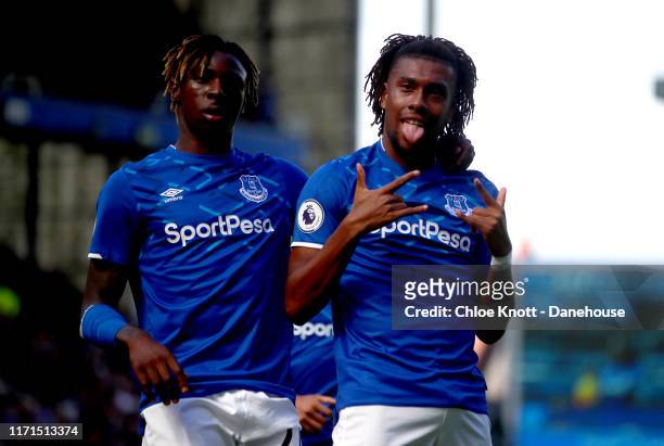 Alex Iwobi of Everton celebrates scoring his teams second goal during the Premier League match between Everton FC and Wolverhampton Wanderers at...