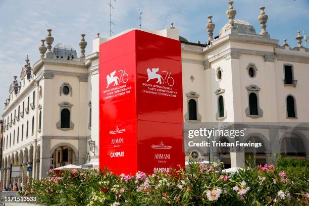 General view of the sponsors board outside the Palazzo del Cinema and red carpet as Jaeger-LeCoultre sponsers the 76th Venice Film Festival at on...