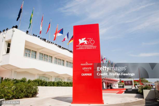 General view of the sponsors board outside the Palazzo del Cinema and red carpet as Jaeger-LeCoultre sponsors the 76th Venice Film Festival at on...