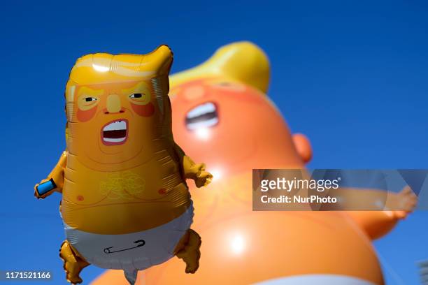 Small Baby Trump balloon floats infant of a larger version, against a clear blue sky, in Philadelphia, PA, on September 21, 2019 as hundreds of...