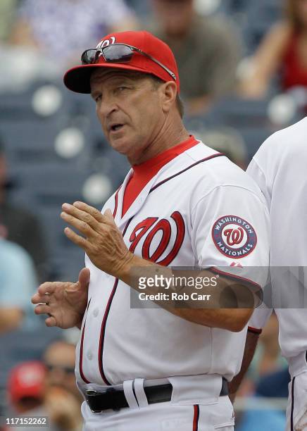 Manager Jim Riggleman of the Washington Nationals during the first inning against the Seattle Mariners at Nationals Park on June 23, 2011 in...
