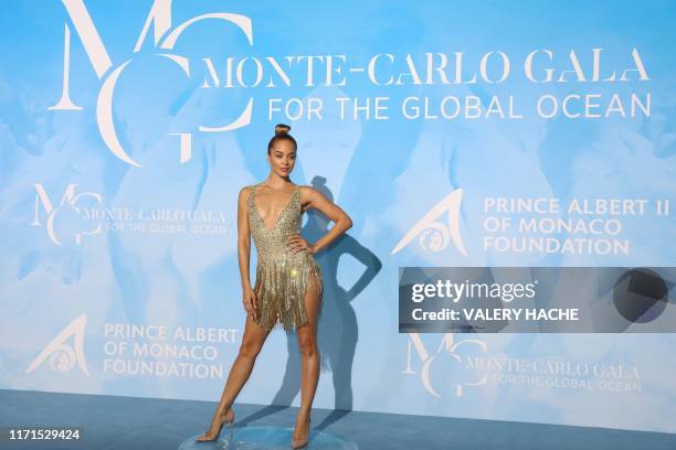 Model Jasmine Sanders poses upon her arrival at the third Monte-Carlo Gala for the Global Ocean in Monaco on September 26, 2019. - Prince Albert II...
