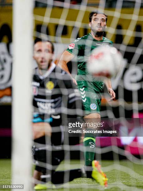 Javier Vet of De Graafschap scores the first goal to make it 0-1 during the Dutch Keuken Kampioen Divisie match between Roda JC v De Graafschap at...