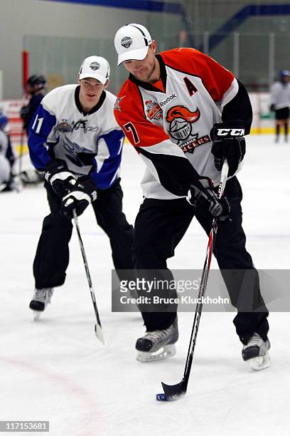 Top draft prospects Jonathan Huberdeau and Seth Ambroz skate during the American Development Model Clinic, as part of the 2011 NHL Entry Draft at the...