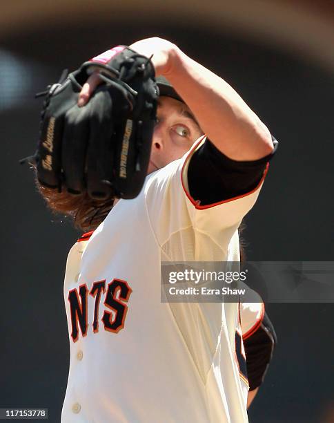 Tim Lincecum of the San Francisco Giants pitches against the Minnesota Twins at AT&T Park on June 23, 2011 in San Francisco, California.