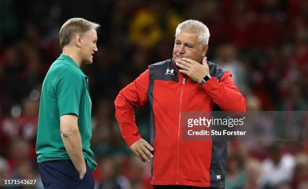Coaches Joe Schmidt and Warren Gatland in conversation before the International match between Wales and Ireland at Principality Stadium on August 31,...