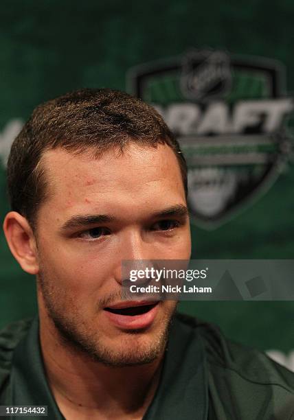 Seth Ambroz talks to members of the media during the Top Prospects Media Availability as part of the 2011 NHL Entry Draft at Walker Arts Center on...