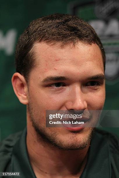 Seth Ambroz talks to members of the media during the Top Prospects Media Availability as part of the 2011 NHL Entry Draft at Walker Arts Center on...