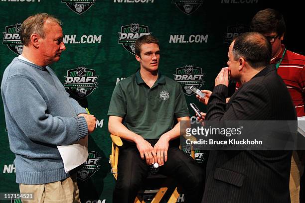 Top prospect Jonathan Huberdeau is interviewed during media availability with the top prospects in the 2011 NHL Entry Draft at the Walker Art Center...