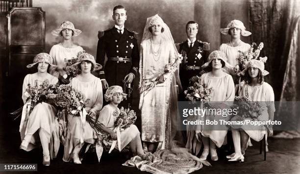 The wedding photograph of Lord Louis Mounbatten and Edwina Ashley at St Margaret's Church in London on 18th July 1922. Left to right, back row:...