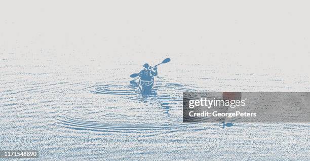 one man kayaking and paddling on a lake - paddleboarding stock illustrations