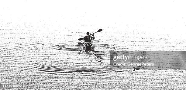 one man kayaking and paddling on a lake - paddleboarding stock illustrations