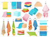 Bath towel. Hand kitchen towels, textile cloth for spa, beach, shower fabric rolls lying in stack. Cartoon vector set
