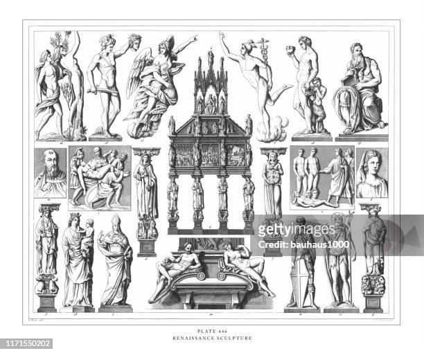 renaissance sculpture engraving antique illustration, published 1851 - moses religious figure stock illustrations