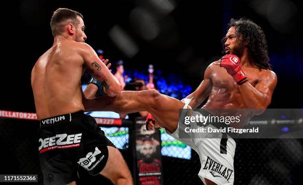 Dublin , Ireland - 27 September 2019; Benson Henderson, right, in action against Myles Jury during their lightweight bout at Bellator 227 in the...