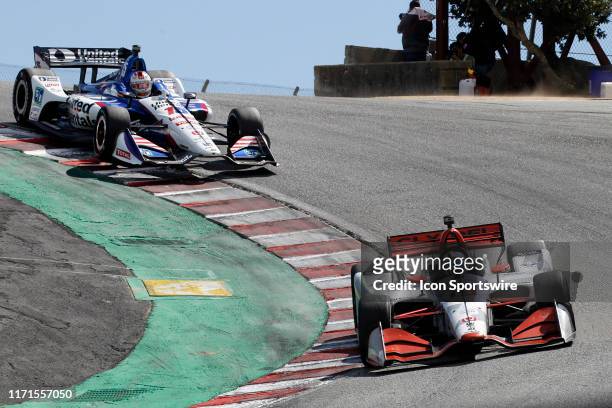 Graham Rahal , in the United Rentals Honda follows Santino Ferruci , in the Cly-Del Manufacturing Honda into The Corkscrew at the Firestone Grand...