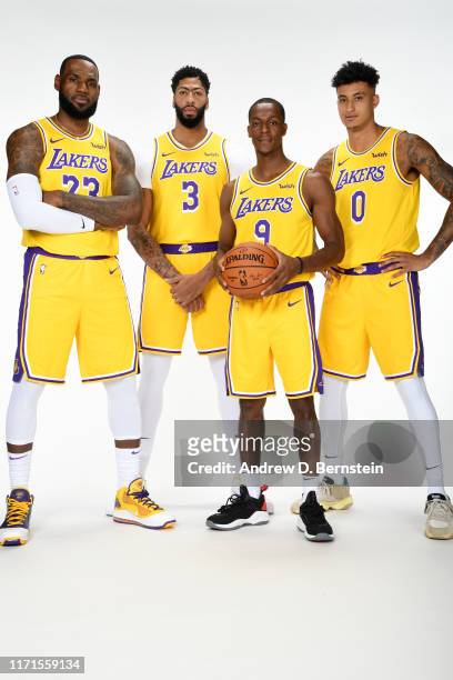 LeBron James, Anthony Davis, Rajon Rondo, and Kyle Kuzma of the Los Angeles Lakers pose for a portrait during media day on September 27, 2019 at the...