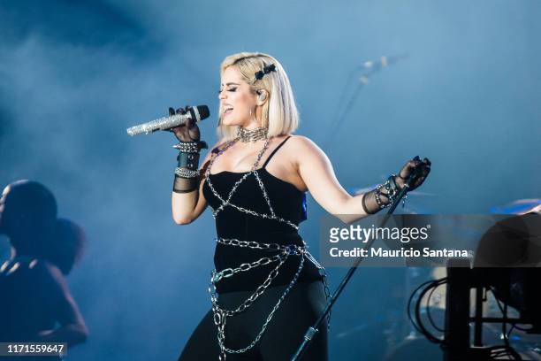 Bebe Rexha performs live on stage during first day of Rock In Rio Music Festival at Cidade do Rock on September 27, 2019 in Rio de Janeiro, Brazil.