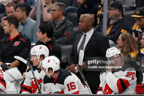 New Jersey Devils assistant coach Mike Grier during a preseason game between the Boston Bruins and the New Jersey Devils on September 25 at TD Garden...