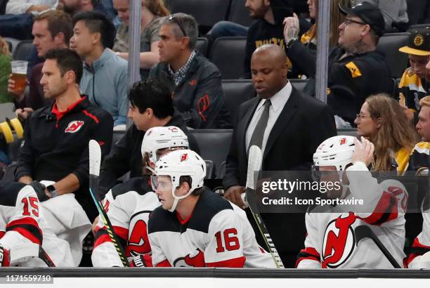 New Jersey Devils assistant coach Mike Grier during a preseason game between the Boston Bruins and the New Jersey Devils on September 25 at TD Garden...