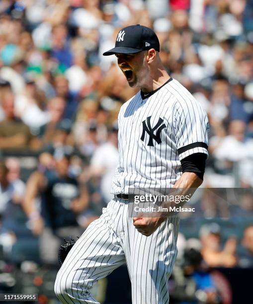 Happ of the New York Yankees reacts after a double play ended the second inning against the Oakland Athletics at Yankee Stadium on September 01, 2019...