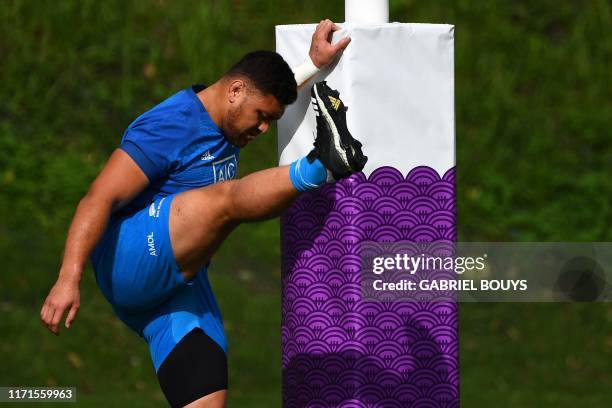 New Zealand's prop Ofa Tuungafasi takes part in a team training session in Beppu on September 28 during the Japan 2019 Rugby World Cup.