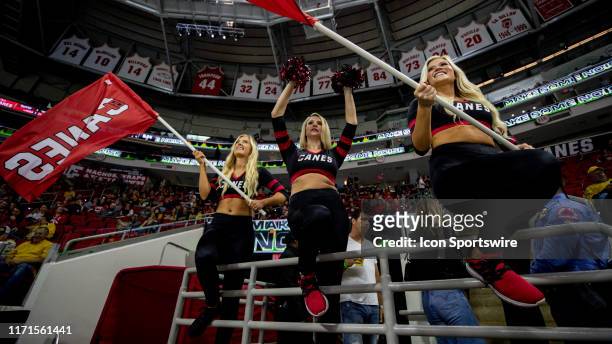 Carolina Hurricanes cheerleaders keep the crowd energized during an NHL Pre-Season game between the Carolina Hurricanes and the Nashville Predators...