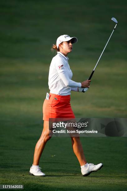 Golfer Azahara Munoz plays her second shot on the 18th hole during the second round of the Indy Women In Tech on September 27, 2019 at the Brickyard...