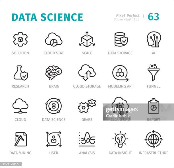 data science - pixel perfect line icons with captions - horizontal funnel stock illustrations