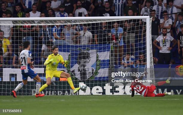 Jonathan Calleri of Espanyol scores his team's third goal during the La Liga match between RCD Espanyol and Granada CF at RCDE Stadium on September...