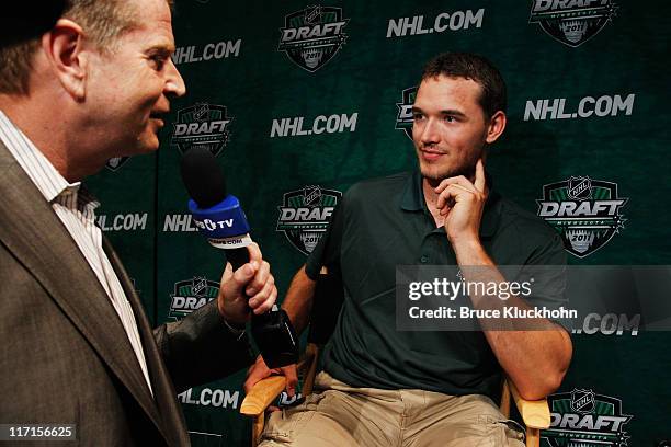 Top draft prospect Seth Ambroz is interviewed during media availability with the top prospects in the 2011 NHL Entry Draft at the Walker Art Center...