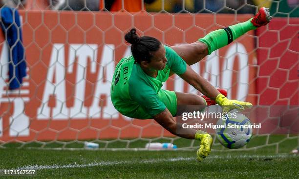 Aline Reis goalkeeper of Brazil defend a penalty shot during a match between Brazil and Chile for the final match of Uber International Cup 2019 at...