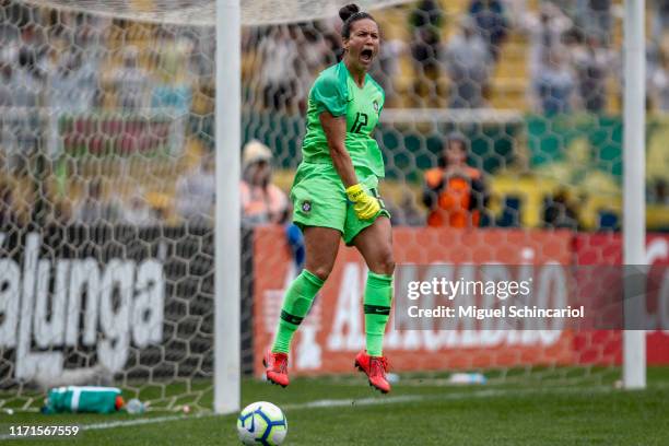 Aline Reis goalkeeper of Brazil celebrates after defend a penalty shot during a match between Brazil and Chile for the final match of Uber...