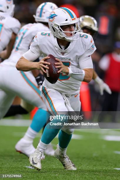 Jake Rudock of the Miami Dolphins in action during an NFL preseason game at the Mercedes Benz Superdome on August 29, 2019 in New Orleans, Louisiana.