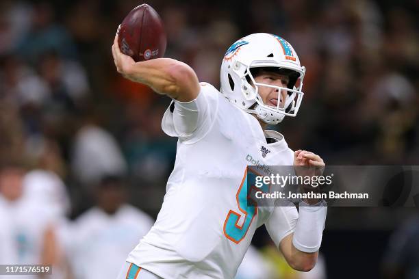 Jake Rudock of the Miami Dolphins during an NFL preseason game at the Mercedes Benz Superdome on August 29, 2019 in New Orleans, Louisiana.