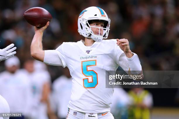 Jake Rudock of the Miami Dolphins during an NFL preseason game at the Mercedes Benz Superdome on August 29, 2019 in New Orleans, Louisiana.